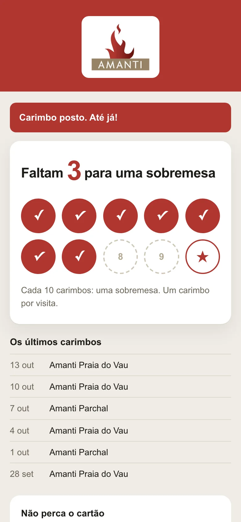 O cartão de carimbos do Até Já no telemóvel do cliente, com o logótipo da casa e sete carimbos de dez.