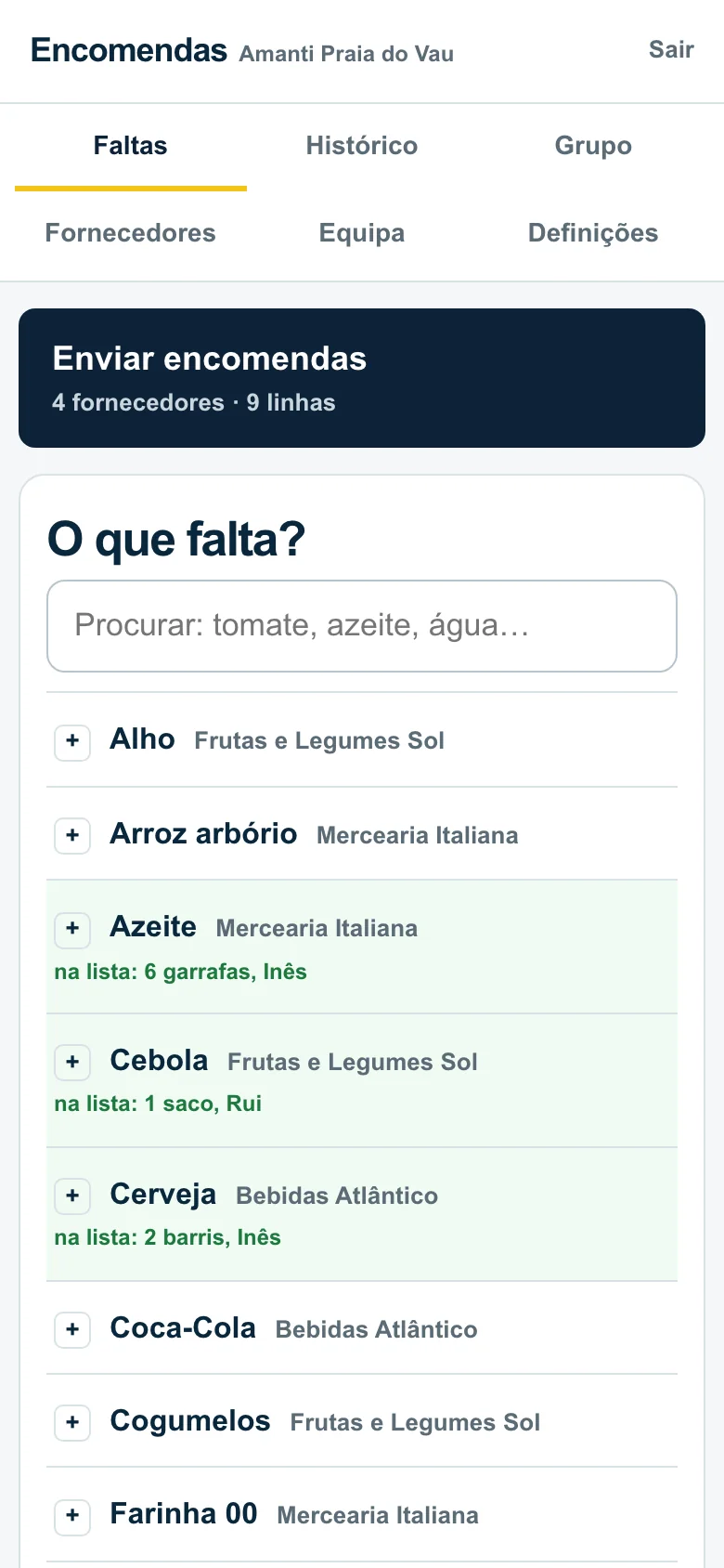 As Encomendas no telemóvel: a lista do que falta, com quem o apontou, e o botão para enviar aos fornecedores.