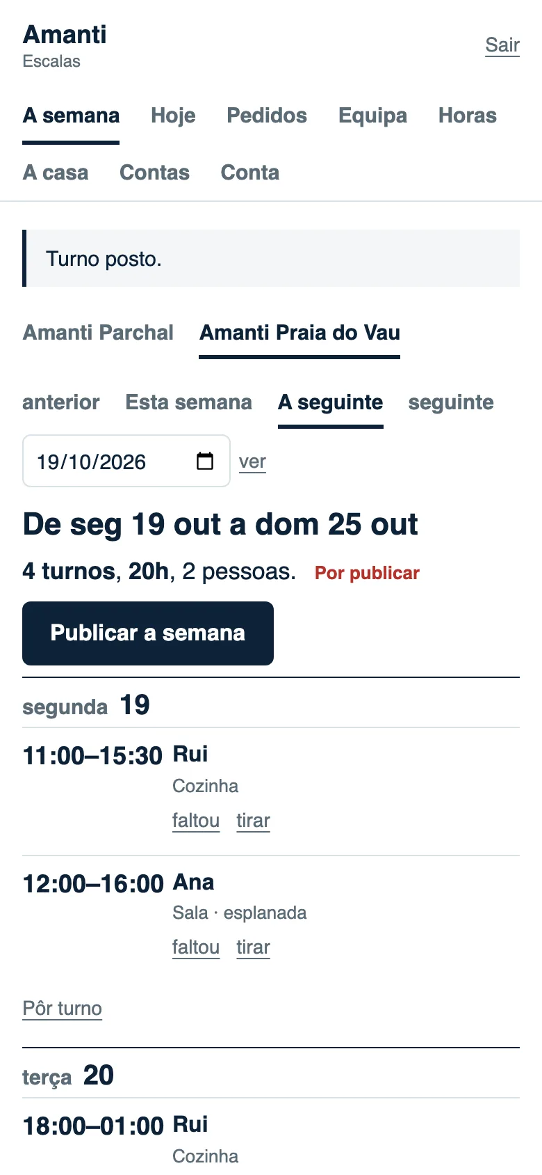 A escala da semana no telemóvel do dono: os dias com os turnos, a hora, o nome e a função, e o botão «Publicar a semana».
