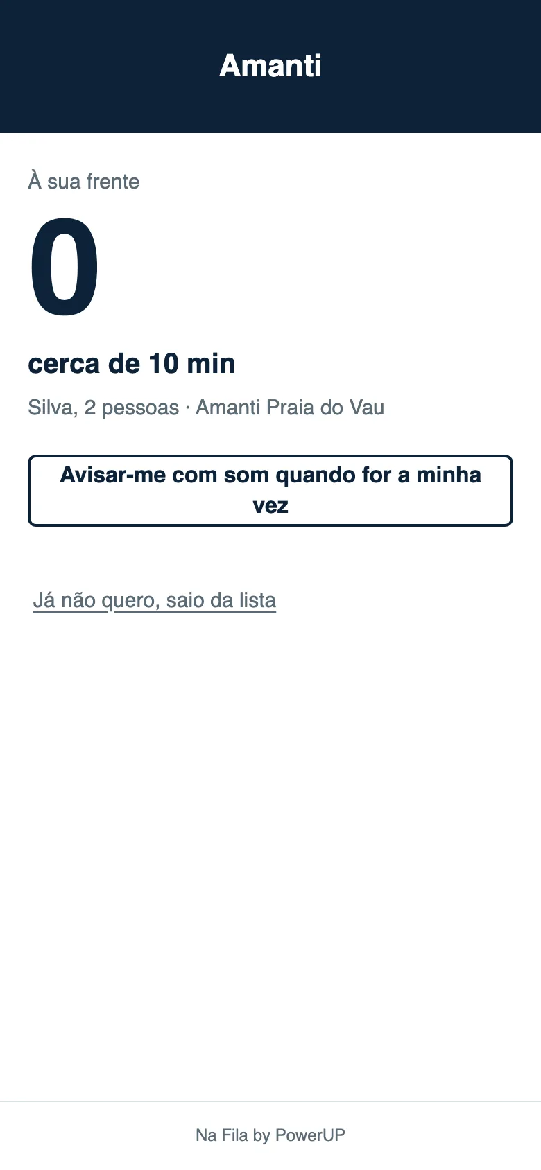 A espera no telemóvel do cliente: «À sua frente», um zero grande, «cerca de 10 min» e o botão para ser avisado com som.