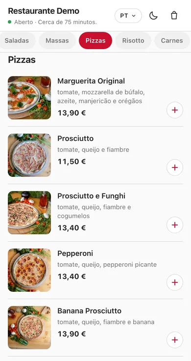 A carta de pizzas com fotografias, no Pedidos Online.