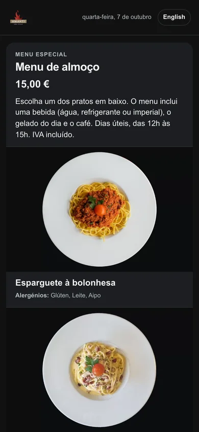 A página do PromoQR do Amanti: o prato do dia com fotografia e preço.