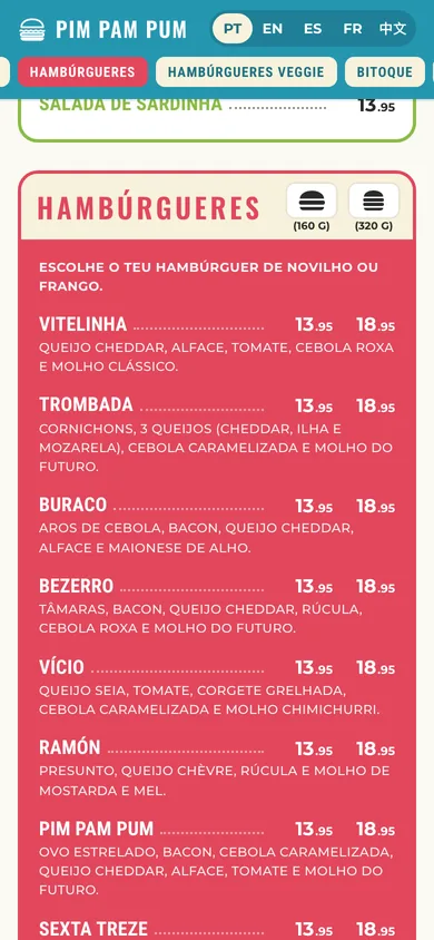 O Menu Digital do Pim Pam Pum no telemóvel, a meio da carta de hambúrgueres.