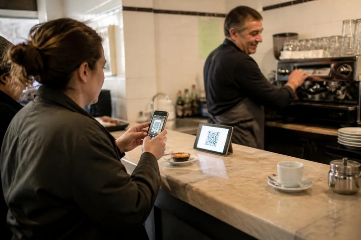 Uma cliente ao balcão de um café aponta o telemóvel ao código num pequeno tablet para receber o carimbo.
