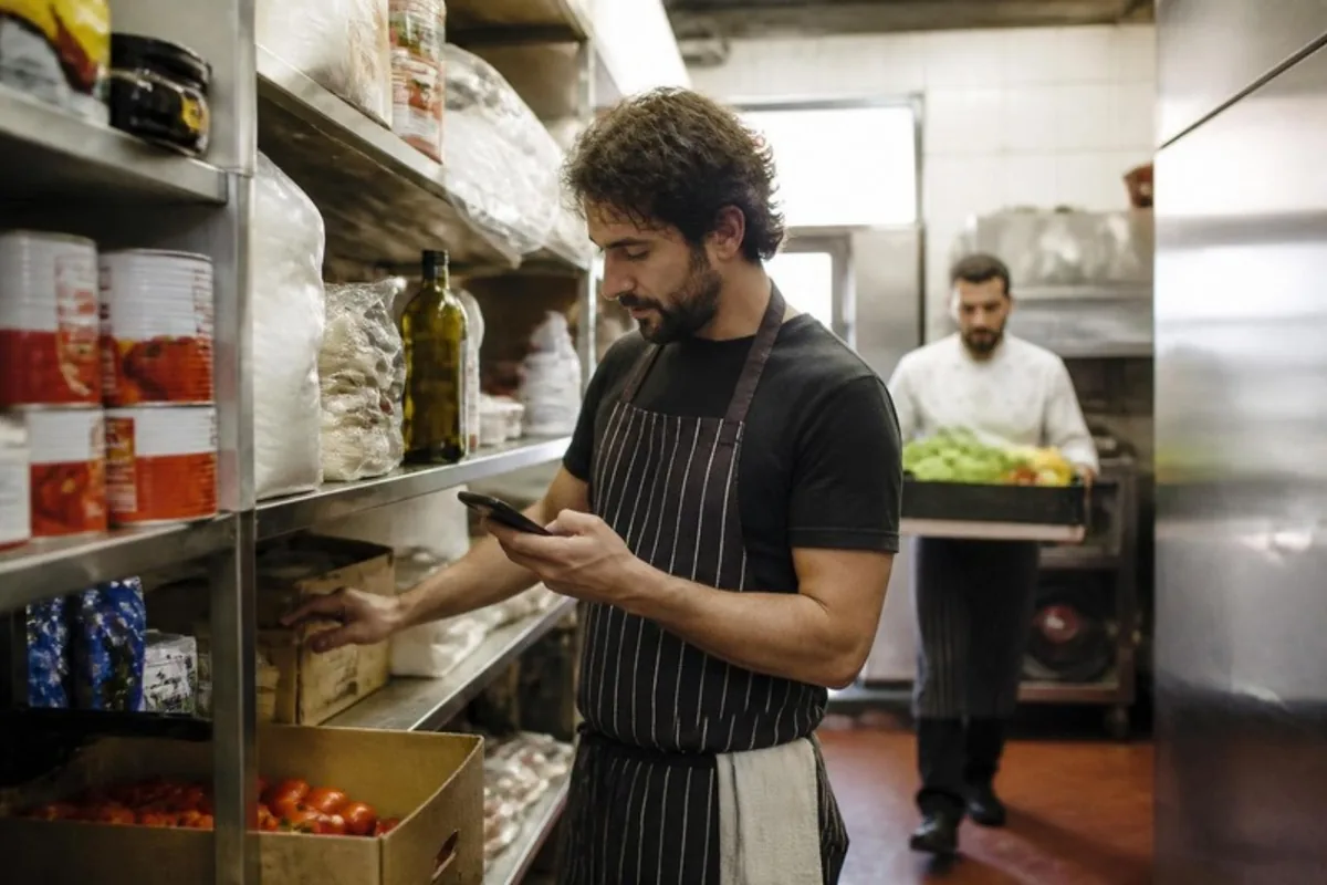 Um cozinheiro na despensa do restaurante aponta no telemóvel o que falta nas prateleiras.