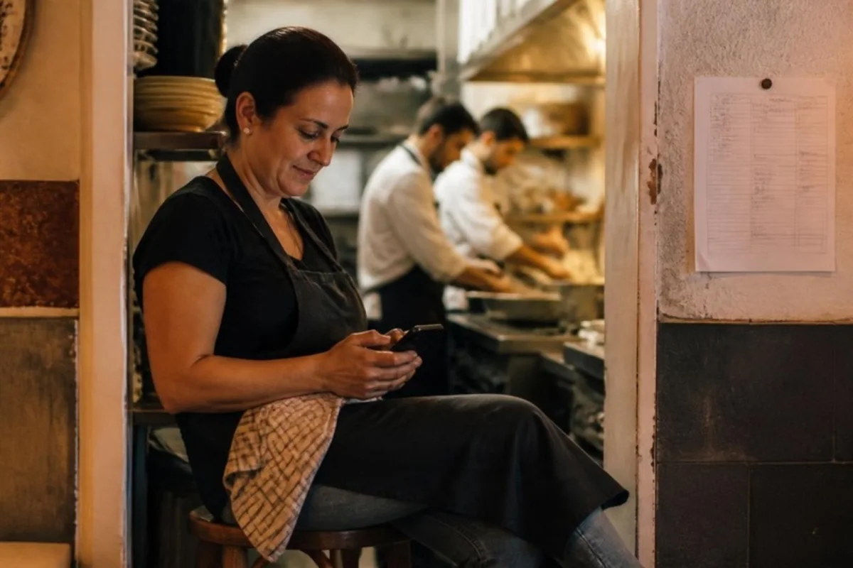 A dona de um restaurante, sentada junto à passagem da cozinha ao fim do dia, faz a escala da semana no telemóvel.
