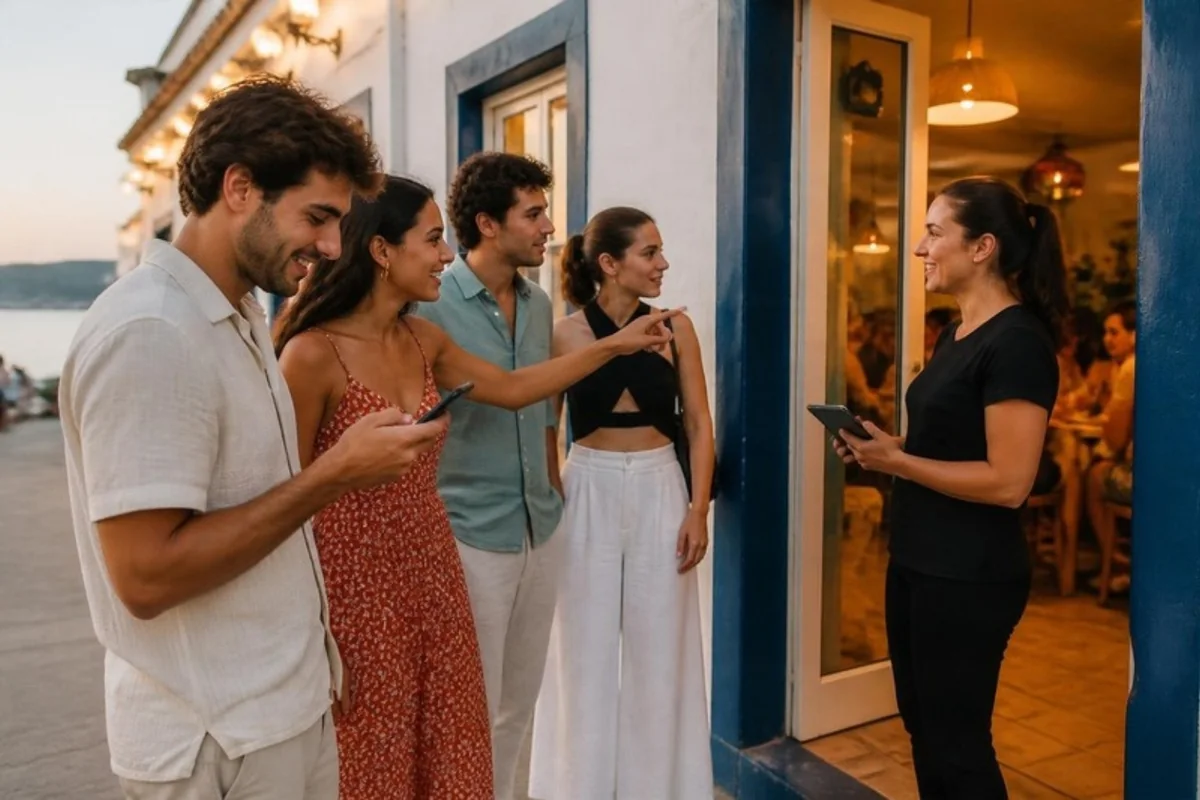 Um grupo de amigos à porta de um restaurante cheio junto ao mar; um olha para o telemóvel enquanto a pessoa da porta, com um tablet, os chama.