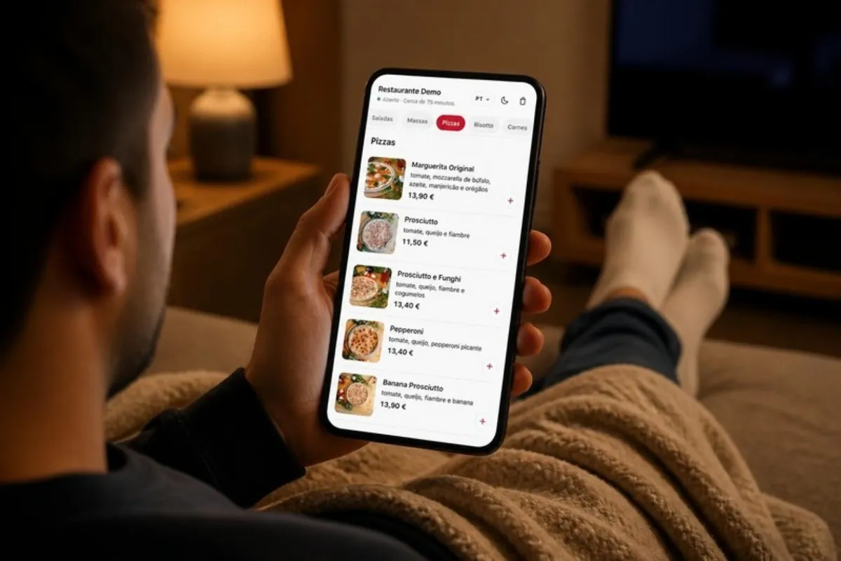Homem no sofá, em casa, com a carta de pizzas do Pedidos Online no telemóvel.