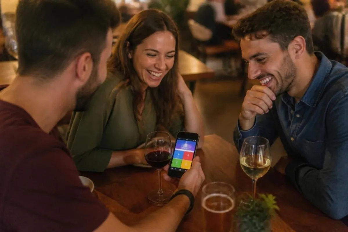 Três amigos à mesa de um restaurante a jogar no telemóvel enquanto esperam.