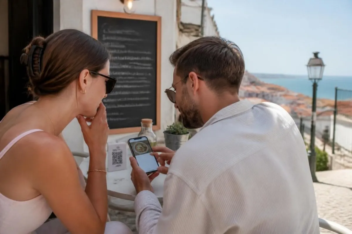 Dois clientes numa esplanada a ler o QR da mesa no telemóvel, com o quadro do dia atrás.