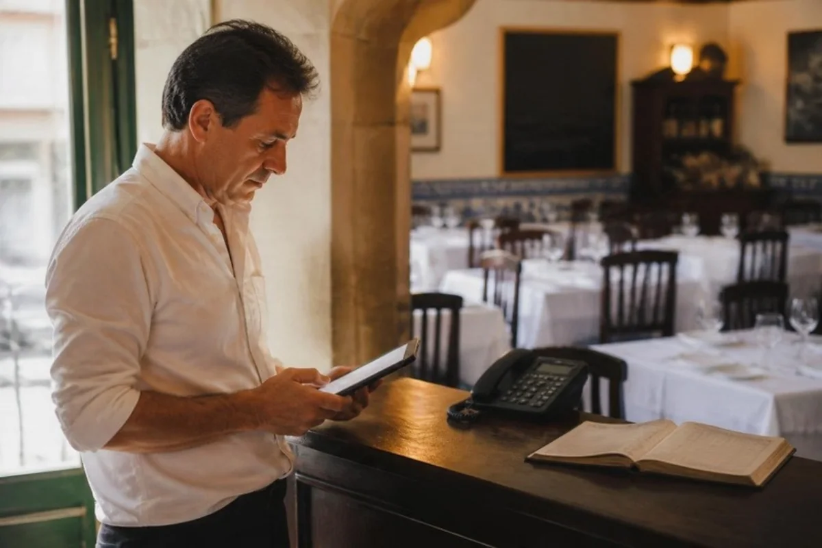 O dono de um restaurante, ao balcão da entrada antes do serviço, vê as reservas do dia num tablet; o telefone e o caderno ficaram ao lado.
